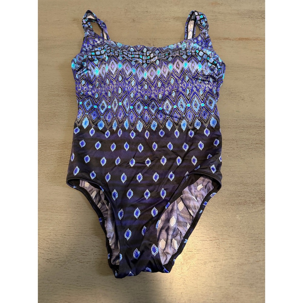 Longitude Womens Blue Purple Geometric Diamond One Piece Swimsuit Size 14